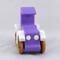 A handmade wooden toy car vintage style coupe painted nontoxic purple and white with spoked wheels finished with nonmarring amber shellac, from my  Bad Bob's Custom Motors Collection.
