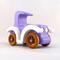 A handmade wooden toy car vintage style coupe painted nontoxic purple and white with spoked wheels finished with nonmarring amber shellac, from my  Bad Bob's Custom Motors Collection.