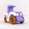 A handmade wooden toy car vintage style coupe painted nontoxic purple and white with spoked wheels finished with nonmarring amber shellac, from my  Bad Bob's Custom Motors Collection.