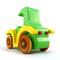 A handmade wooden toy car vintage style coupe painted nontoxic bright green and yellow with spoked wheels finished with nonmarring amber shellac, from my  Bad Bob's Custom Motors Collection.
