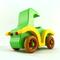 A handmade wooden toy car vintage style coupe painted nontoxic bright green and yellow with spoked wheels finished with nonmarring amber shellac, from my  Bad Bob's Custom Motors Collection.