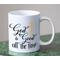 Picture of religious mug with the design that says God is good all the time and a gold cross.