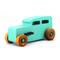 Handmade Wood Toy Car Hot Rod 1932 Sedan Painted With Turquoise, Metallic Emerald Green, and Black Acrylic Paint. The Wheels Are Finished with Nonmarring Amber Shellac.