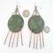 Paisley-impressed 2-inch copper disc Chandelier Boho Earrings Emerald green and antiqued Patina, Melted Twists of Copper Dangles, Argentium 935 Sterling Silver Ear Wires shown next to a US quarter and dime for size reference
