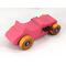 A handmade wood toy 1927 T-bucket Hot Rod car painted with Hot Pink, Metallic Sapphire Blue, and Black Acrylic paint with the wheels finished with nonmarring Amber Shellac.