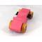 A handmade wood toy 1927 T-bucket Hot Rod car painted with Hot Pink, Metallic Sapphire Blue, and Black Acrylic paint with the wheels finished with nonmarring Amber Shellac.