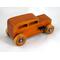 This is a handmade wooden toy car modeled after a Hot Rod 1932 Ford Sedan. It is made from wood, finished with multiple coats of amber shellac, and trimmed with black and metallic purple acrylic paint.