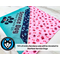 Blue and pink bandanas are shown. Blue is on the left face up with an ignore us paw design. The right is reverse side up it looks like redish pink and black plaid paws and redish pink bones on pink background with light pink hearts. Text at the bottom says 15% of every bandana sale will be donated to Starfleet Service Dogs