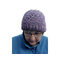 model wearing purple swirl hat - heathered with flecks with rust and off white