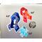 A silver laptop is shown with a 4 1/2 inch word cloud MECFS ribbon compared to a 3 1/2 inch watercolor CRPS and word cloud autism ribbon and a 2 1/2 inch word cloud POTS sticker.