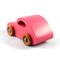 A handmade wood toy car hand painted in hot pink with metallic sapphire blue trim and wheels finished with nonmarring amber shellac. Model after the 1957 bug, from my Play Pal Collection.