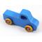 Handmade wooden toy pickup truck painted in baby blue with metallic sapphire blue trim. The truck features non-marring amber shellac wheels and is part of my Play Pal Collection. A close-up shot of the toy truck on a white background. Made to Order.