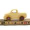 Handmade wooden toy pickup truck finished with a blend of mineral oil and beeswax and painted with metallic sapphire blue trim.