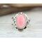 Sz 5.5 Oval Pink Conch Cabochon in Bezel setting on tapered wide narrow band, silver accent, cutout stamped square wire, lightly oxidized