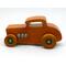 Handmade wooden toy car hot rod 32 deuce coupe with an amber shellac finish and metallic emerald green and gray trim. Perfect for kids or adults.