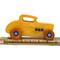 Handmade wooden toy car hot rod 32 deuce coupe with an amber shellac finish and metallic sapphire blue and black trim. Perfect for kids or adults.