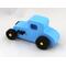 A wooden toy car modeled after a 27 T-Coupe is handcrafted and painted with baby blue, black, and metallic gold acrylic paint.