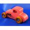 Handmade wooden toy car '27 T-Coupe Hot Rod painted pink with metallic sapphire blue, black trim, and nonmarring amber shellac wheels.