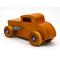 Handmade wooden toy car, in a Hot Rod 32 Deuce Coupe style. Finished with amber shellac, metallic purple, and gray acrylic paint.