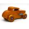 Handmade wooden toy car, in a Hot Rod 32 Deuce Coupe style. Finished with amber shellac, metallic purple, and gray acrylic paint.