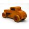 Handmade wooden toy car hot rod 1932 Deuce Coupe amber shellac finish with red and black acrylic paint trim.