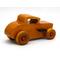 Handmade wooden toy car hot rod 1932 Deuce Coupe amber shellac finish with red and black acrylic paint trim.