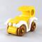 Handmade wooden toy car painted bright yellow with white fenders and non-marring amber shellac-finished spoked wheels, modeled after the classic Model-T Sedan.