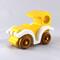 Handmade wooden toy car painted bright yellow with white fenders and non-marring amber shellac-finished spoked wheels, modeled after the classic Model-T Sedan.