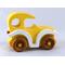 Handmade wooden toy car painted bright yellow with white fenders and non-marring amber shellac-finished spoked wheels, modeled after the classic Model-T Sedan.