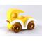 Handmade wooden toy car painted bright yellow with white fenders and non-marring amber shellac-finished spoked wheels, modeled after the classic Model-T Sedan.