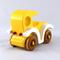 Handmade wooden toy car painted bright yellow with white fenders and non-marring amber shellac-finished spoked wheels, modeled after the classic Model-T Sedan.