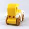 Handmade wooden toy car painted bright yellow with white fenders and non-marring amber shellac-finished spoked wheels, modeled after the classic Model-T Sedan.