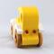 Handmade wooden toy car painted bright yellow with white fenders and non-marring amber shellac-finished spoked wheels, modeled after the classic Model-T Sedan.