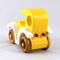 Handmade wooden toy car painted bright yellow with white fenders and non-marring amber shellac-finished spoked wheels, modeled after the classic Model-T Sedan.