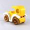 Handmade wooden toy car painted bright yellow with white fenders and non-marring amber shellac-finished spoked wheels, modeled after the classic Model-T Sedan.