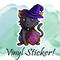 Picture of a cartoon black cat wearing a purple wizard outfit and holding a D20 that is showing a 1