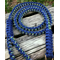 blue and blue green paracord dog leash, hugs and kisses collection 5' pictured on a rustic wood deck