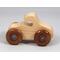 Handmade wooden toy car. The body is finished with clear shellac, and the wheels are finished with amber shellac. The hubs are painted with metallic sapphire blue trim.