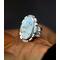 large oval Sand Hill Turquoise stone in embellished bezel setting on  fused, tapered wide band with a light patina. Size 5