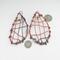 woven copper wire large dangle earrings with 6mm turquoise and copper composite gemstone cabochon, photo shows earrings, shown with dime and quarter for size comparison