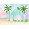 Watercolor print of beach houses in pink, green, and purple sitting on a sandy beach with palm trees and the ocean in the background.