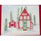Watercolor and ink art print of Santa's red Workshop decorated for Christmas, featuring a separate building with Santa's sleigh inside. 