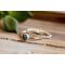  Close-up of a denim lapis ring with a beaded silver band on a white background with green leaves.
