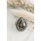 Sterling silver wide band ring will floral design, a morinci 2 turquoise pear shaped cabochon with pyrite inclusions and beaded accent bezel