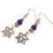 Image is a photo of a pair of dangle earrings with a Swarovski crystal, blue druk bead, spacers and a chai charm in a star of david shape.