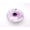 photo of kiln-fired copper enamel ikebana-style vase with hand painted hibiscus on top with is 4 inches in diameter. Enamel colors of hibiscus are pale pink and lavender, with pale green leaves. Vase stands 1-1/4 inch tall. There is a pin-frog inside to hold flowers upright.
