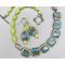 Necklace set | Graduated strand pf vintage chartreuse glass beads, blue-green ceramic tiles, Bali and sterling silver