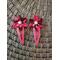 red 2 inch long handmade crochet flower barrettes with 6 millimeter rhinestone