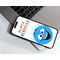 silly blue smiling face with colorful letter characters forming happy birthday above it and blue diamond shaped stars above the head, against a white background, on a cellphone