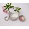 Set of three nesting trinket dishes made from a vintage silverplated brass serving tray. Largest dish is a bird shape, two smaller dishes are round. Photo shows all three side by side, one with tiny rose blossom floating in water.